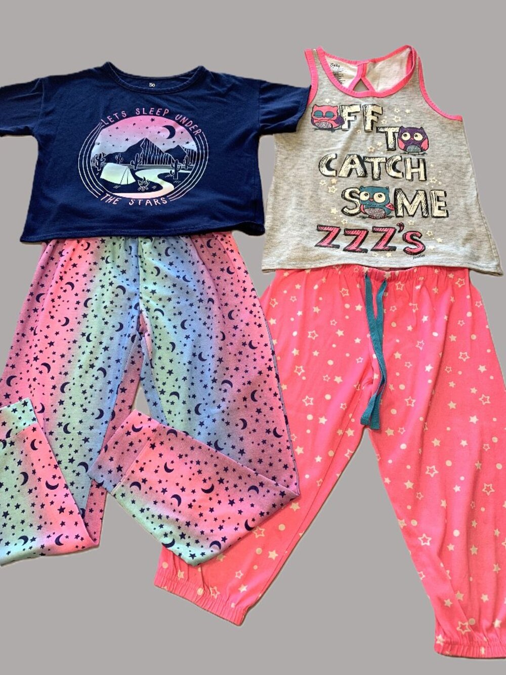 4 Piece Girls Pajama Set Short Sleeves/Pants Justice/SO Size 10/12 Pink Blue